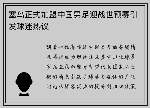 塞鸟正式加盟中国男足迎战世预赛引发球迷热议